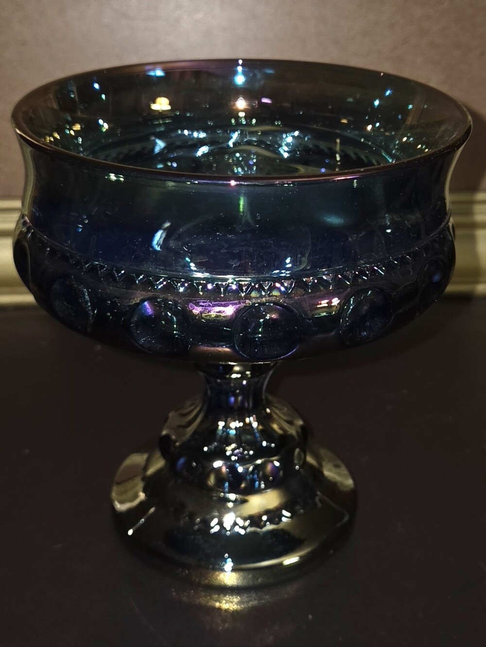 Vintage Indiana Kings Crown Thumbprint Blue Iridescent Carnival Glass Compote